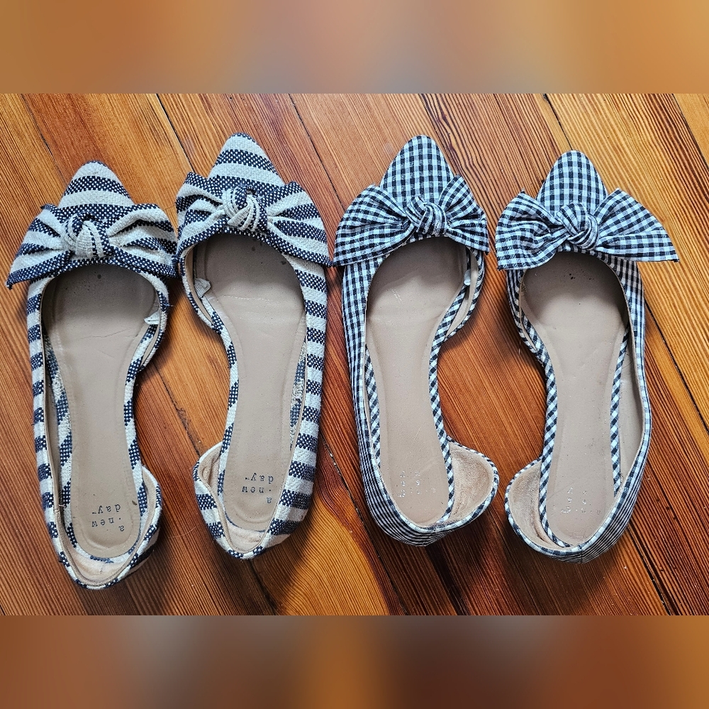 Lot Of 2 A New Day D'orsay Ballet Bow Flats, Gingham And Stripes Size 8